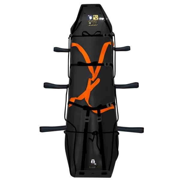 Schwarz-orangefarbene Rettungstrage mit Gurtsystem, geeignet für Bergung, Evakuierung und Notfalleinsätze in schwierigem Gelände