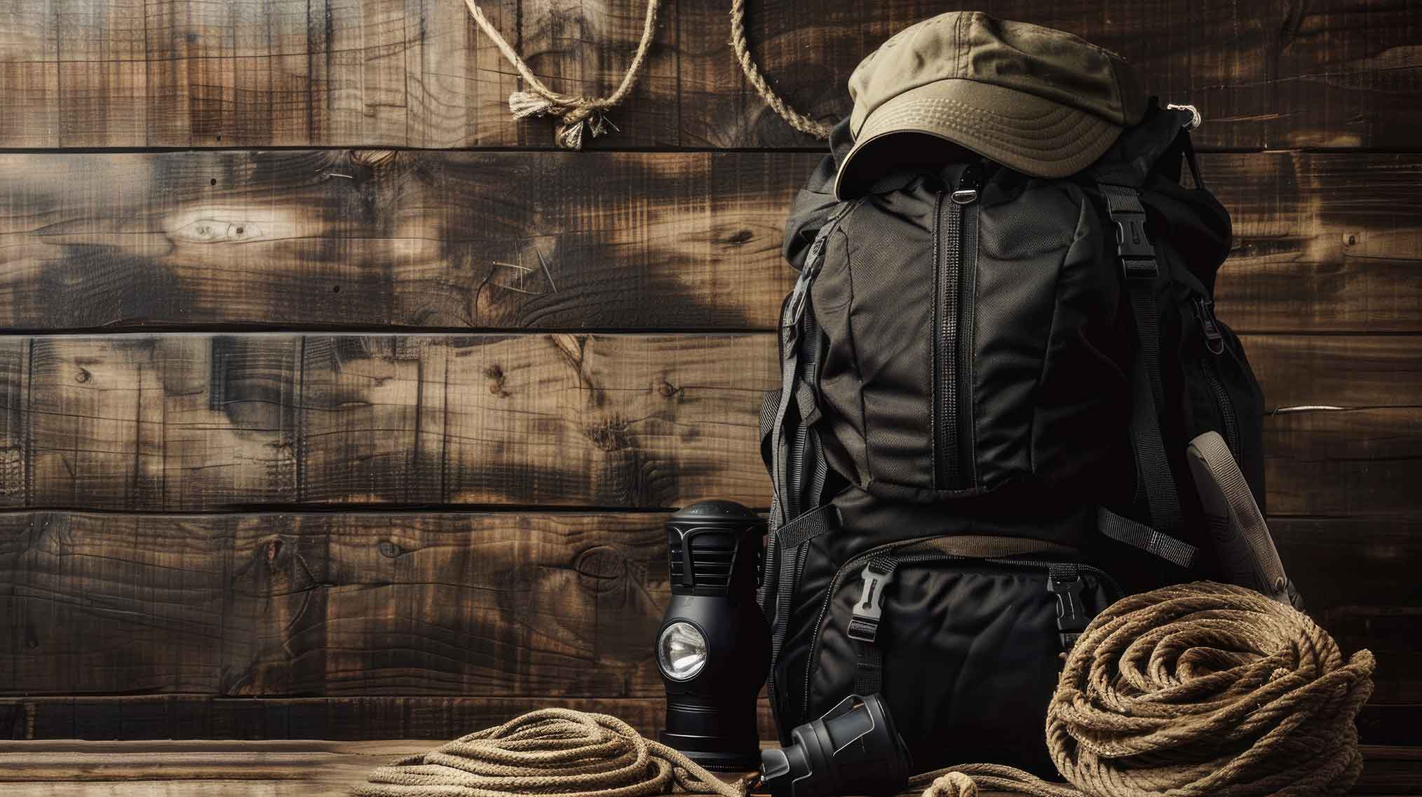 Taktische Ausrüstung mit Rucksack, Seil und Outdoor-Equipment für Training und Vorbereitung